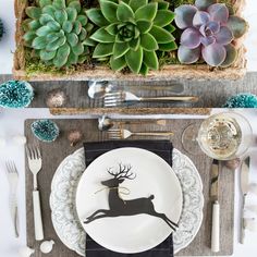 a place setting with silverware and succulents