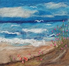 an image of a beach scene with pink flowers and seagulls