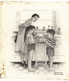 an old drawing of three children in the kitchen