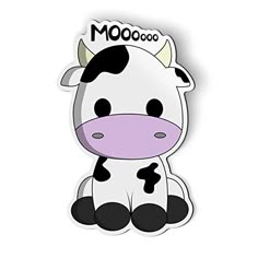 a sticker with a cartoon cow sitting on top of it's back legs