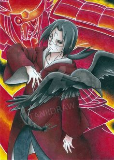 a drawing of an anime character in red with black hair and wings, standing next to a