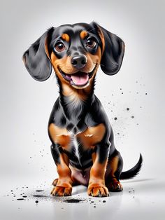 a black and brown dog sitting on top of a white floor