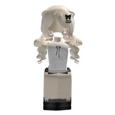 a white and black lego figure is standing on a stand with his head turned to the side