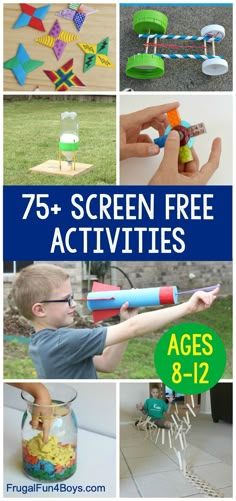 the cover of 75 screen free activities for ages 8 - 12 is shown with images of toys