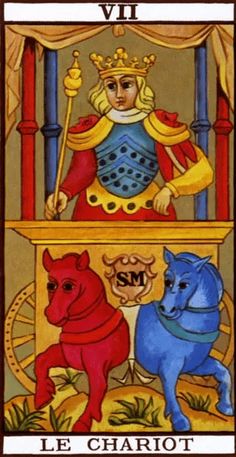 a tarot card with an image of the king and two horses