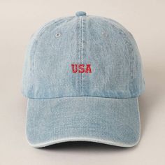 Denim Cotton Baseball Cap USA embroidered design  6-panel design hat 100% denim cotton Relaxed fit and pre-curved visor one size fits most, with adjustable strap Recommended Care Instructions  Spot clean only. Cute Trucker Hat, Trendy Hats, Vans Shorts, Money Pit, Hat Hair, Summer Hats For Women, Zach Bryan, Embroidered Hat, Denim Hat