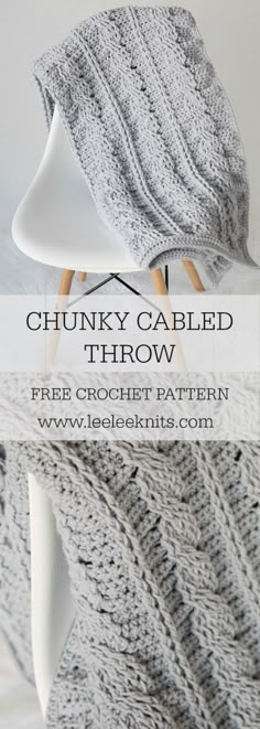 the chunky cabled throw is knitted in grey and white, with text overlay