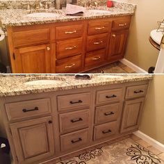 before and after pictures of a bathroom vanity with granite countertops, cabinets, and tile flooring