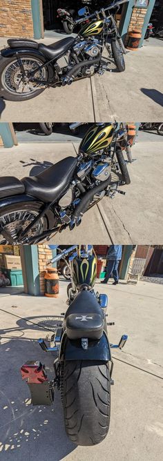 two pictures of a motorcycle parked in front of a building with the same bike on it's back tire