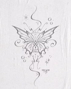 a drawing of a butterfly with swirls and stars on it's back side