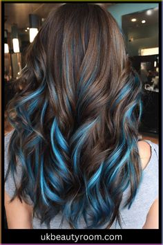 Brown And Blue Hair Ombre, Brunette To Blue Hair, Light Brown Hair With Colorful Highlights, Brunette Hair With Colored Highlights, Fun Hair Color Ideas For Brunettes Blue, Brown Hair With Blonde And Blue Highlights, Light Brown Hair Blue Highlights, Summer Hair Dye Ideas For Brunettes, Brown Hair With Blue Money Piece