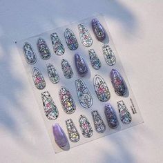 - Quantity: 1 sheet of sticker - 2 design to choose: pastel color, silver foil - size: 10.5x8cm - Stained glass pattern Steps: 1. Apply any polish 2. Select a design and peel off 3. Place the design on nail and rub it gently until smooth 4. Refining the application and cut out the excessive parts 4. Apply top coat for the best result * IMPORTANT  Our processing time is 1-2 business days. The standard shipping is untracked and posted in envelope via the Hong Kong Post. We believe it is the most cost-efficient option among all. Etsy defaults "pre-transit" status for all the orders because we are not in the US. Please rest assured that we always ship on time. Feel free to drop us a message if you have any questions! Nail Decals Diy, Glass Nail, Glass Nails, Nail Plate, Nail Sticker, Bohemian Print, Polish Remover, Foil Nails, Pattern Steps