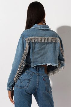 Tassel Denim Jacket, Trendy Denim Jacket With Fringe, Blue Denim Jacket With Fringe, Long Sleeve Denim Outerwear With Fringe, Festival Denim Fringe Outerwear