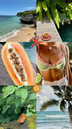 a collage of photos with watermelon and beach scenes