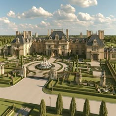 an aerial view of a large mansion surrounded by trees and bushes with a fountain in the middle