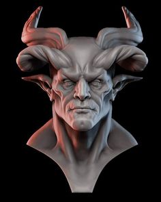 the head of an evil man with horns on it's ears and hands in front of