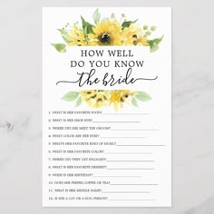 a sunflower bridal game with the words how well do you know the bride?