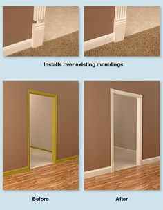 four different stages of installing moulding in a house