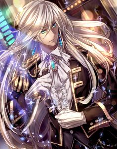 an anime character with long white hair and blue eyes holding a glass in her hand