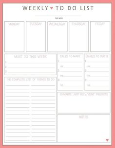 the printable weekly to do list is shown on a pink and white background with hearts