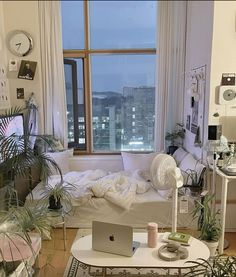 a living room filled with furniture and lots of plants in front of a large window