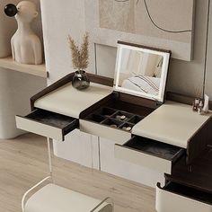 a dressing table with two drawers and a mirror on the top, next to a stool