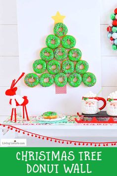 this christmas tree donut wall is so easy to make and looks great on the table