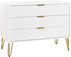 a white dresser with two gold handles and three drawers on the bottom, against a white background