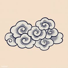 a drawing of clouds in the sky with swirls on them and one cloud above it