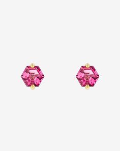 Kalan By Suzanne Kalan Amalfi Pink Topaz Hexagon Studs in 18k yellow gold Raspberry Wine, Hexagon Jewelry, Pink Topaz Earrings, Rainbow Sapphires, Suzanne Kalan, Pink Topaz, Topaz Earrings, Topaz Stone, Bold Color