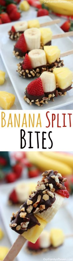 banana split bites on a stick with strawberries and bananas