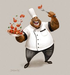 a cartoon character holding a plate of food with shrimp on it's sides and a fork in his hand