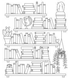 a black and white drawing of bookshelves with plants on each shelf in front of them