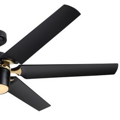 a ceiling fan with three black blades and two light bulbs on the top of it