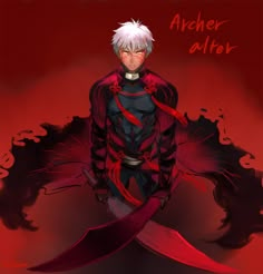 an anime character with white hair, wearing a red cape and black outfit standing in front of a red background