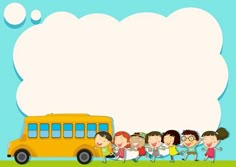 a group of kids standing in front of a school bus with an empty cloud above it