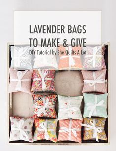 the lavender bags to make and give book is open on top of a white box