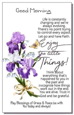 a card with purple flowers on it and the words good morning written in cursive writing