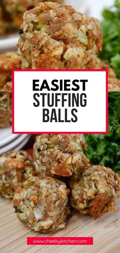 some food is stacked on top of each other with the words easy stuffing balls above it