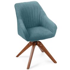 a blue upholstered chair with wooden legs