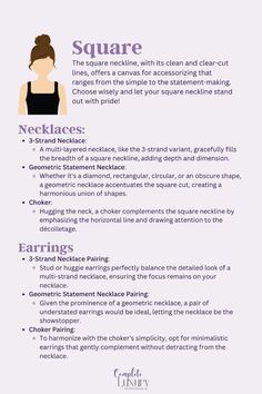 What Jewelry to Wear with Square Neckline - click to get the full jewelry neckline guide! Jewellery For Square Neckline, Jewelry For Square Neckline, Square Neckline Jewelry, Neckline Jewelry Guide