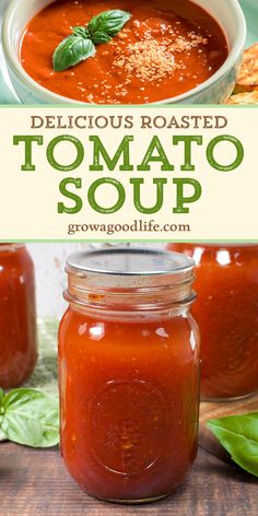 delicious roasted tomato soup in a jar with basil leaves