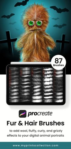 an advertisement for procreate's hair and makeup products, featuring a monkey with green eyes