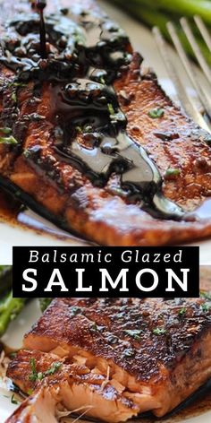 balsamic glazed salmon and asparagus on a white plate with a fork