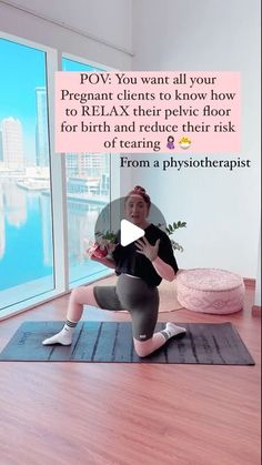 a woman is doing yoga in front of a large window with the caption saying