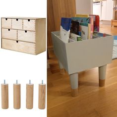 a wooden table with four drawers and five books on the bottom one is made out of plywood