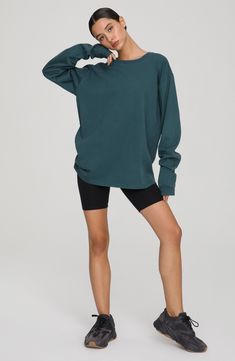 Let yourself lounge in the soft comfort of this oversized long-sleeve T-shirt with slouchy dropped shoulders and cut from breathable cotton. Crewneck Long sleeves 100% cotton Machine wash, tumble dry Imported Women's Clothing Black Owned and Founded Oversized Long Sleeve Athleisure T-shirt, Oversized Sporty T-shirt For Fall, Soft-washed Comfy Long Sleeve Tops, Oversized Long Sleeve T-shirt For Fall, Relaxed Long Sleeve Top For Streetwear, Relaxed Tops For Fall Streetwear, Relaxed Fall Streetwear Tops, Comfy Relaxed Fit Tops For Fall, Long Sleeve Athleisure Tops For Everyday