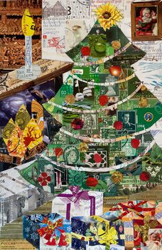 a christmas tree made out of many different types of stamps and other things on it