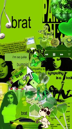 a collage of green and black images with the words brat on them in white letters