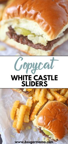 two pictures with the words copycat, white castle sliders and french fries on them